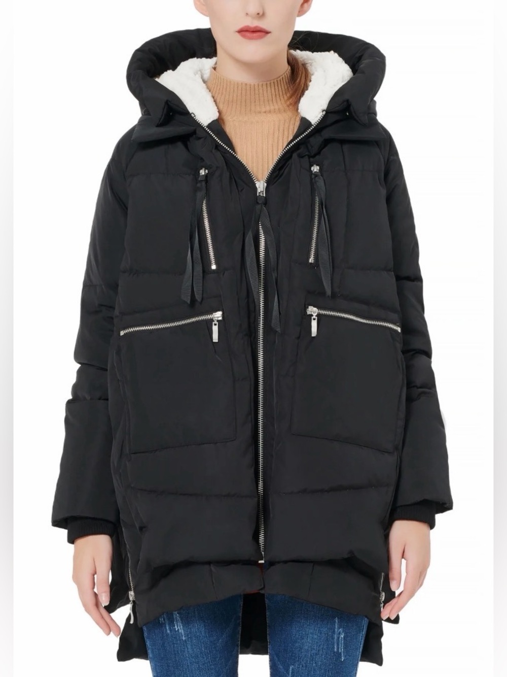 Orolay Hooded Down Jacket With Pockets Sherpa Lined Side Zip Size L